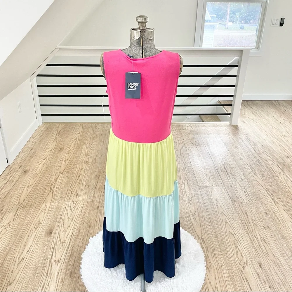 NWT SP, L Lands’ End, pink and blue color block sleeveless stretchy maxi dress - Picture 5 of 6